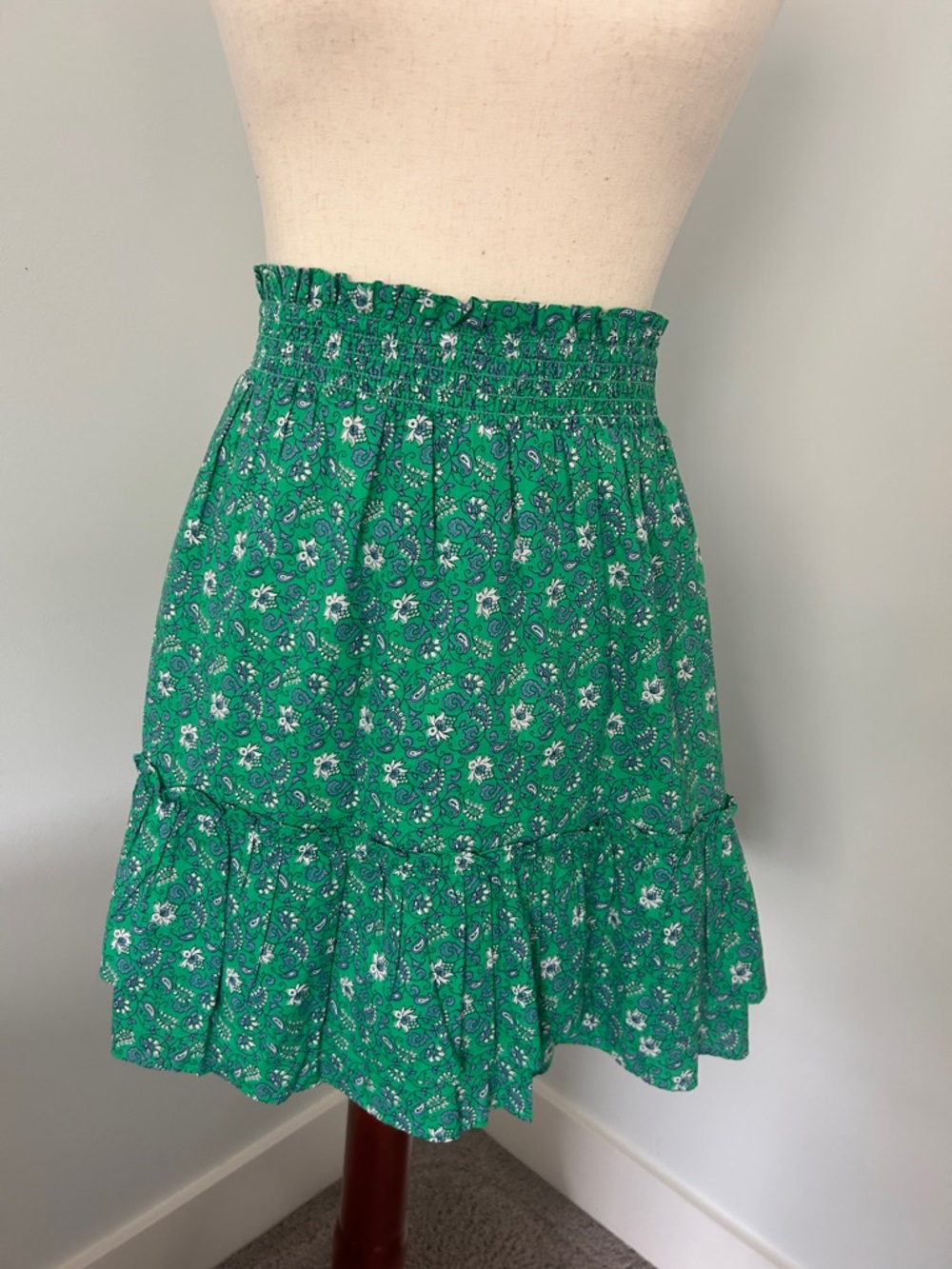 J. Crew Green Floral Smocked Tiered Mini Skirt